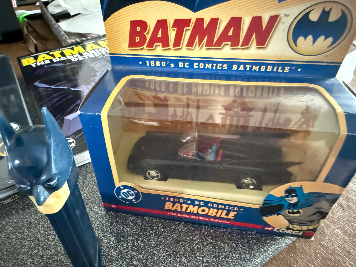 BATMAN GALORE!! 8 piece lot! 3 graphic novels, lunchbox, Batmobile, Batty + more