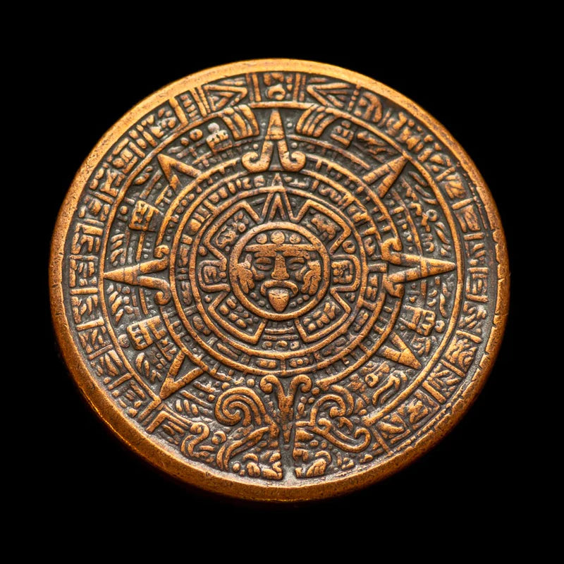 AZTEC SUN STONE CALENDAR - COPPER WORRY COIN