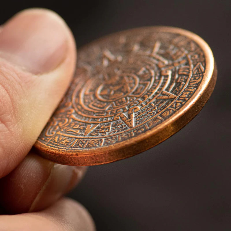 AZTEC SUN STONE CALENDAR - COPPER WORRY COIN