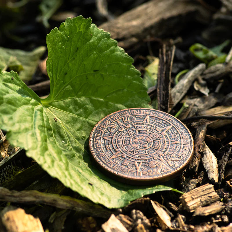 AZTEC SUN STONE CALENDAR - COPPER WORRY COIN