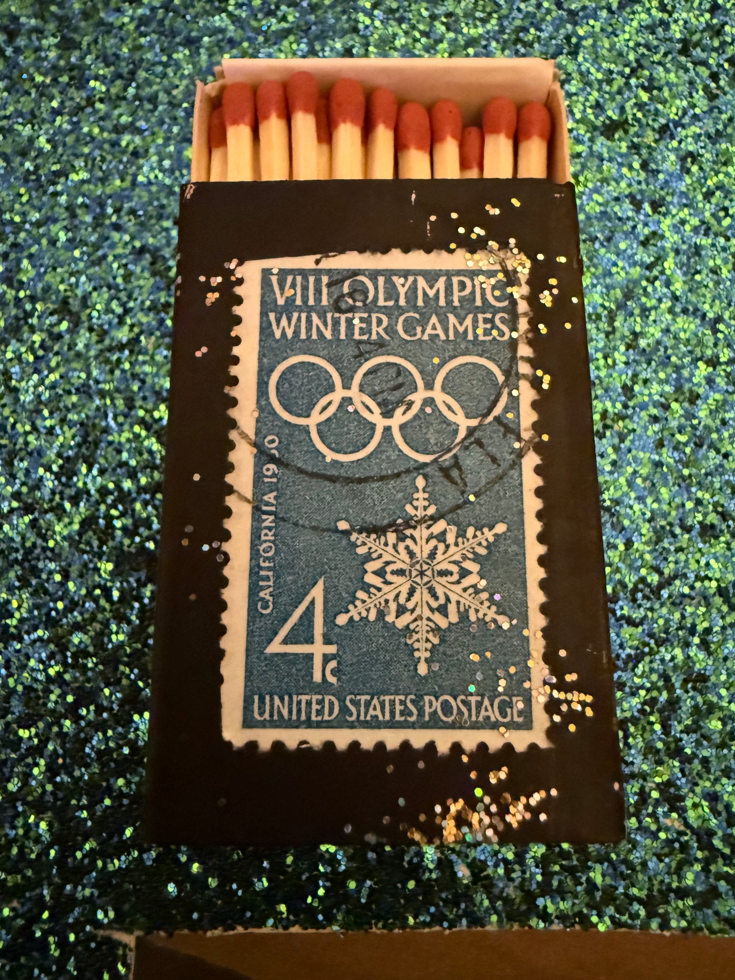 Vintage stamp glitter matchbox magnet: 1960 Winter Olympics