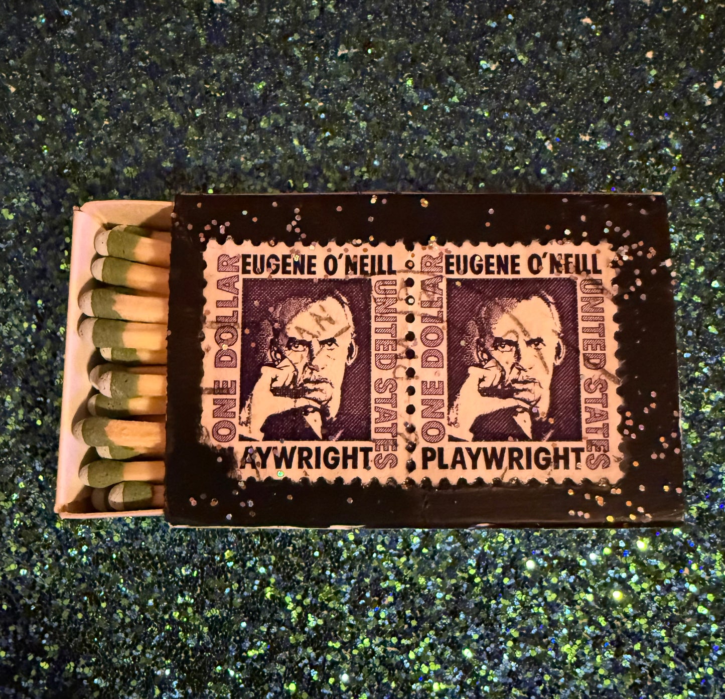 Vintage stamp glitter matchbox magnet:1967  Eugene O'Neill stamps