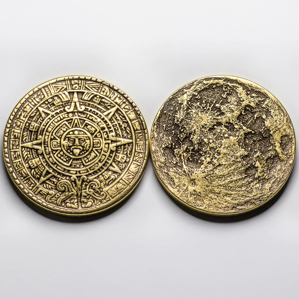 The Sun and Moon Worry Coin - Aztec Sun Stone Calendar and Moon