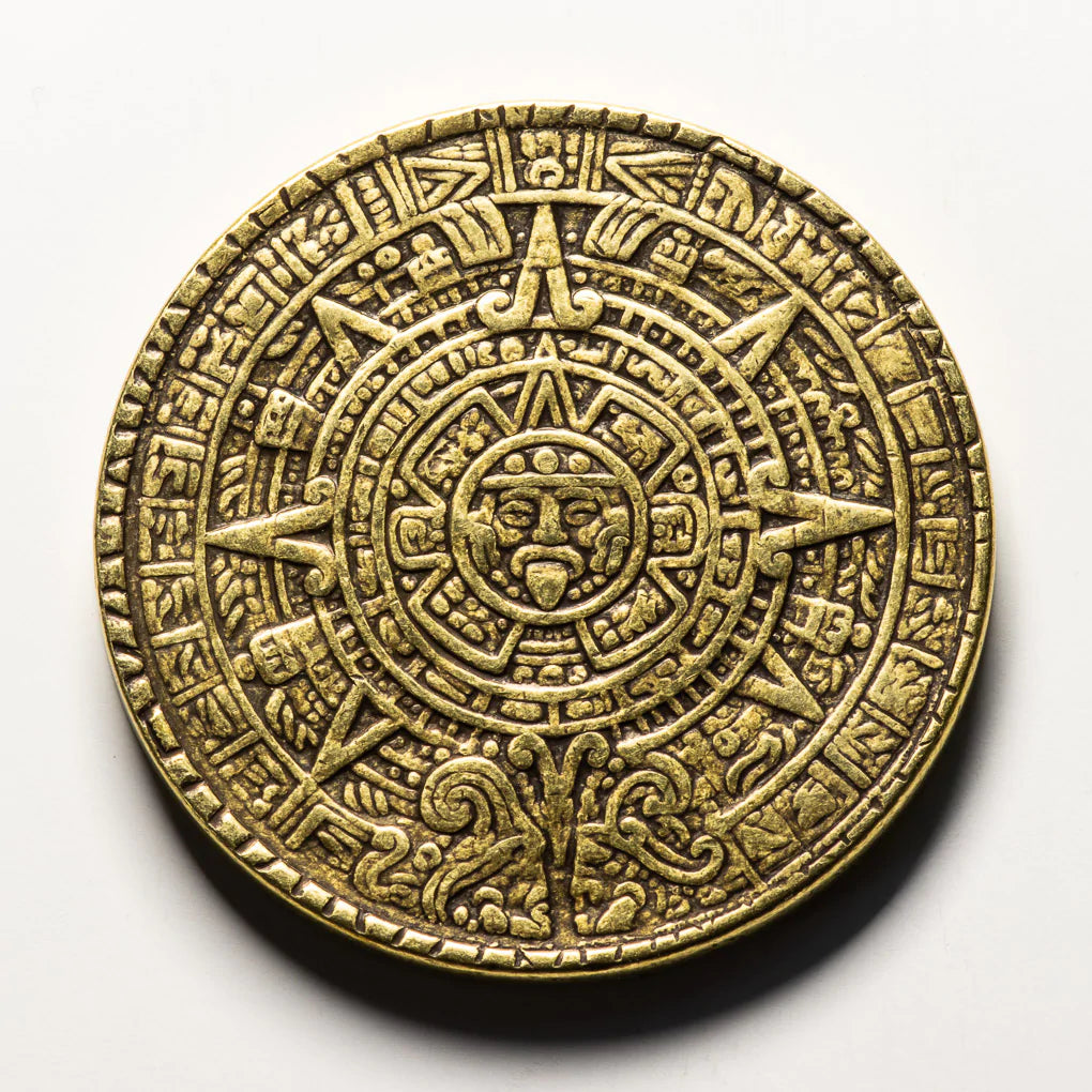 The Sun and Moon Worry Coin - Aztec Sun Stone Calendar and Moon
