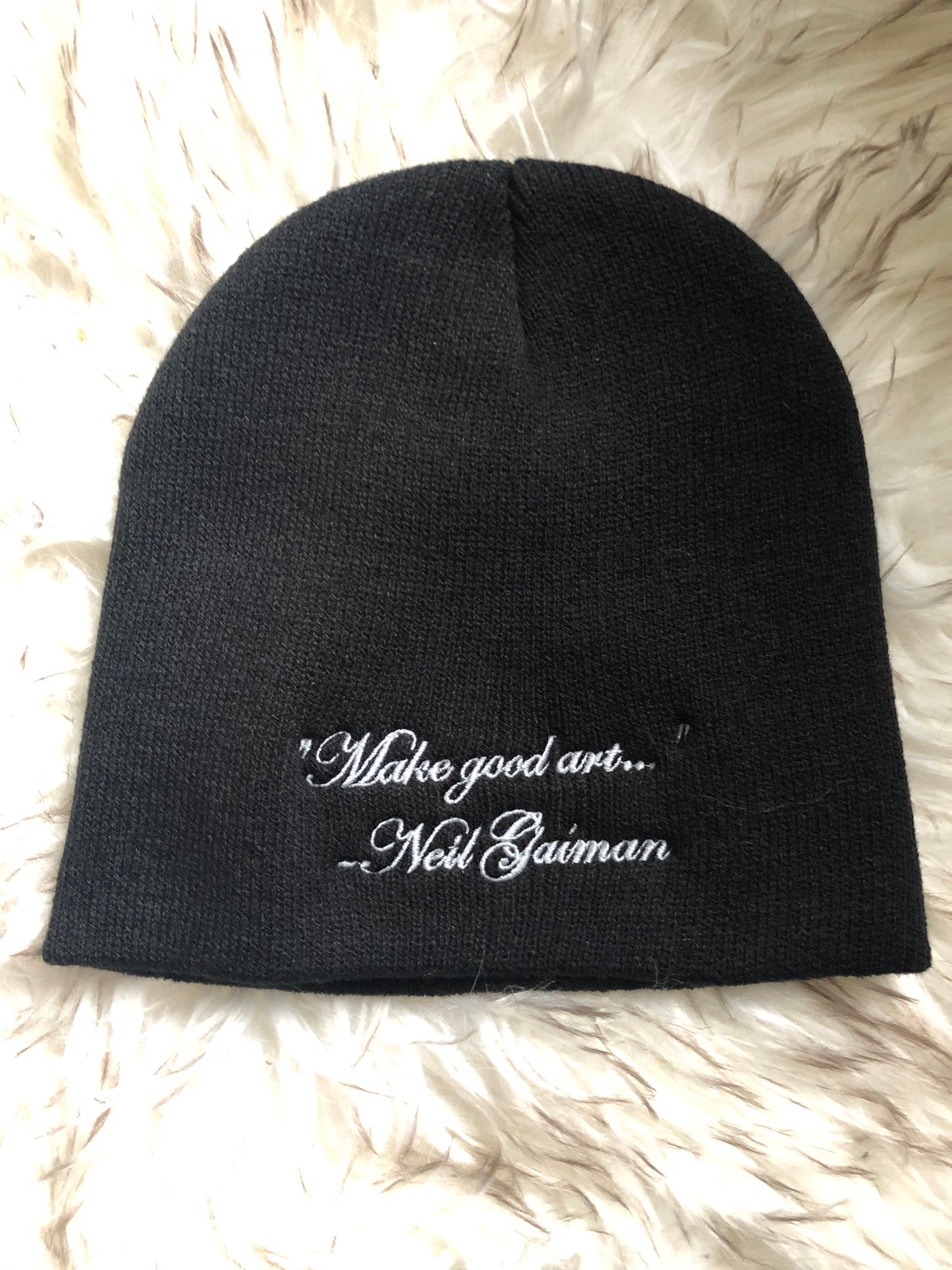 "Make Good Art" knit & embroidered hat